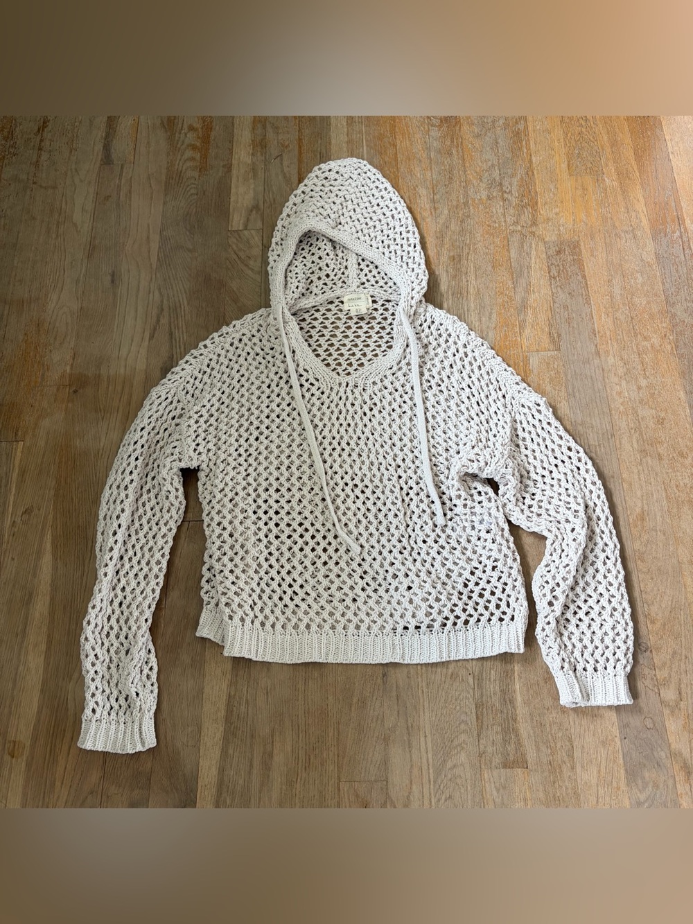 🏖️🤍 Artelier Nicole Miller Hooded Open Knit Beach Sweater Tan Size Small